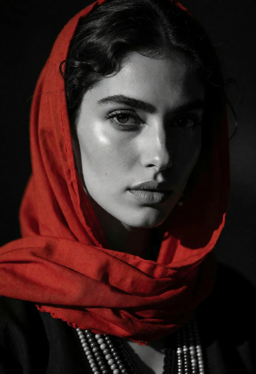 Dramatic close up portrait of woman with red headscarf against black background - AI generated image prompt sample