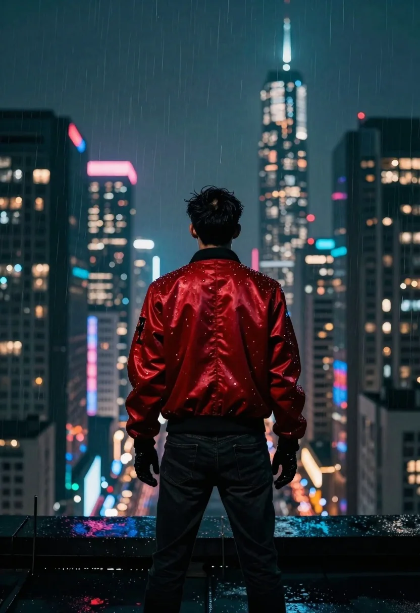 Figure on rainy rooftop overlooking futuristic neon city