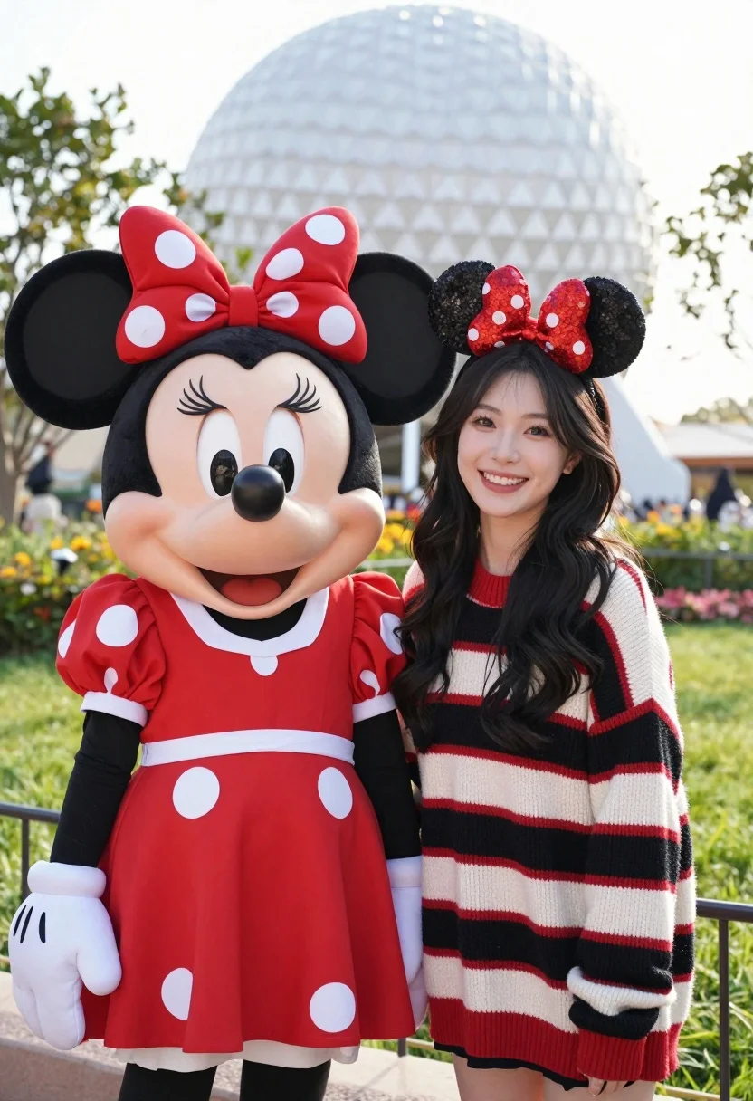 Cheerful woman posing with minnie mouse mascot in grassy outdoor setting - AI generated image prompt sample
