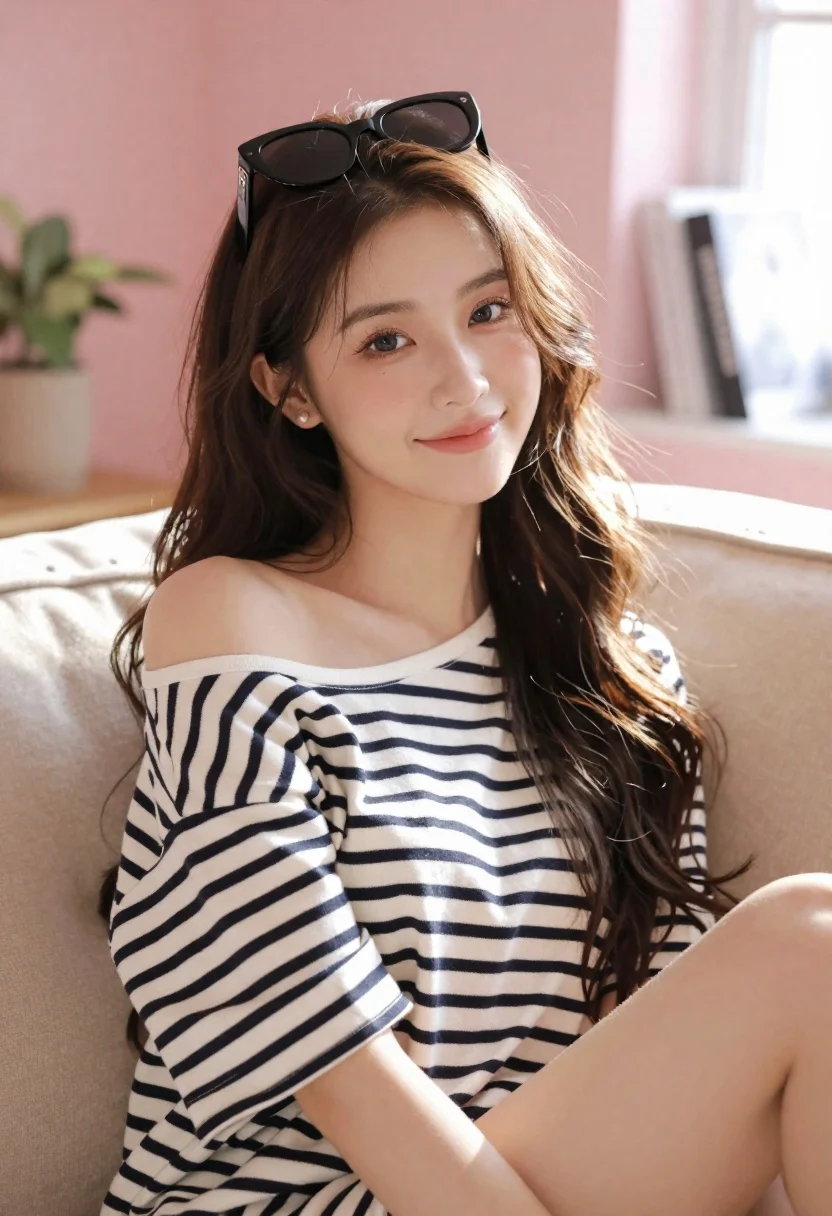 Young woman with brown hair on beige sofa in sunlit room - AI generated image prompt sample