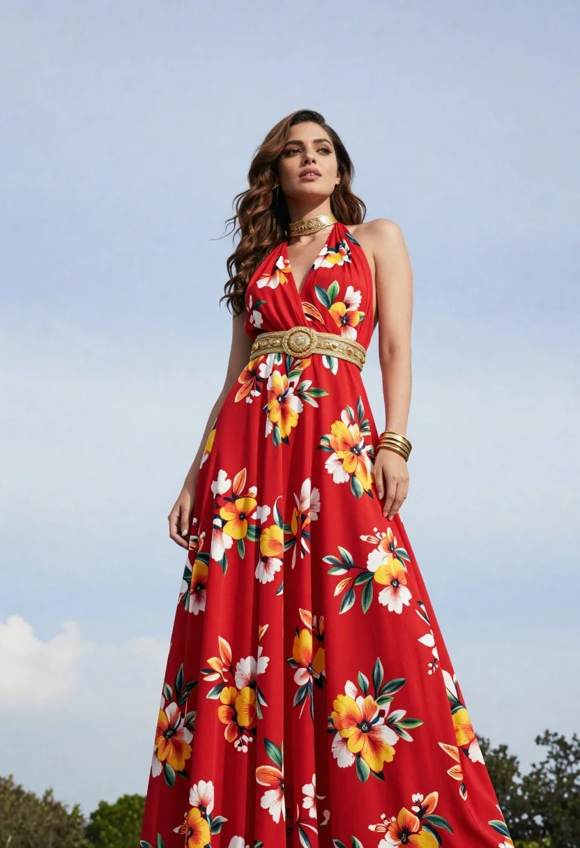 Woman in red floral gown standing against pale blue sky and green