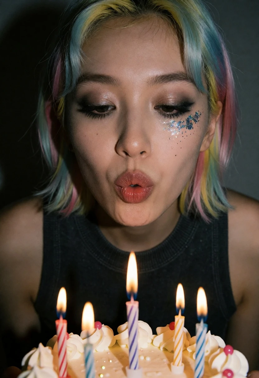 Closeup photograph of young woman blowing candle on birthday cake - AI generated image prompt sample