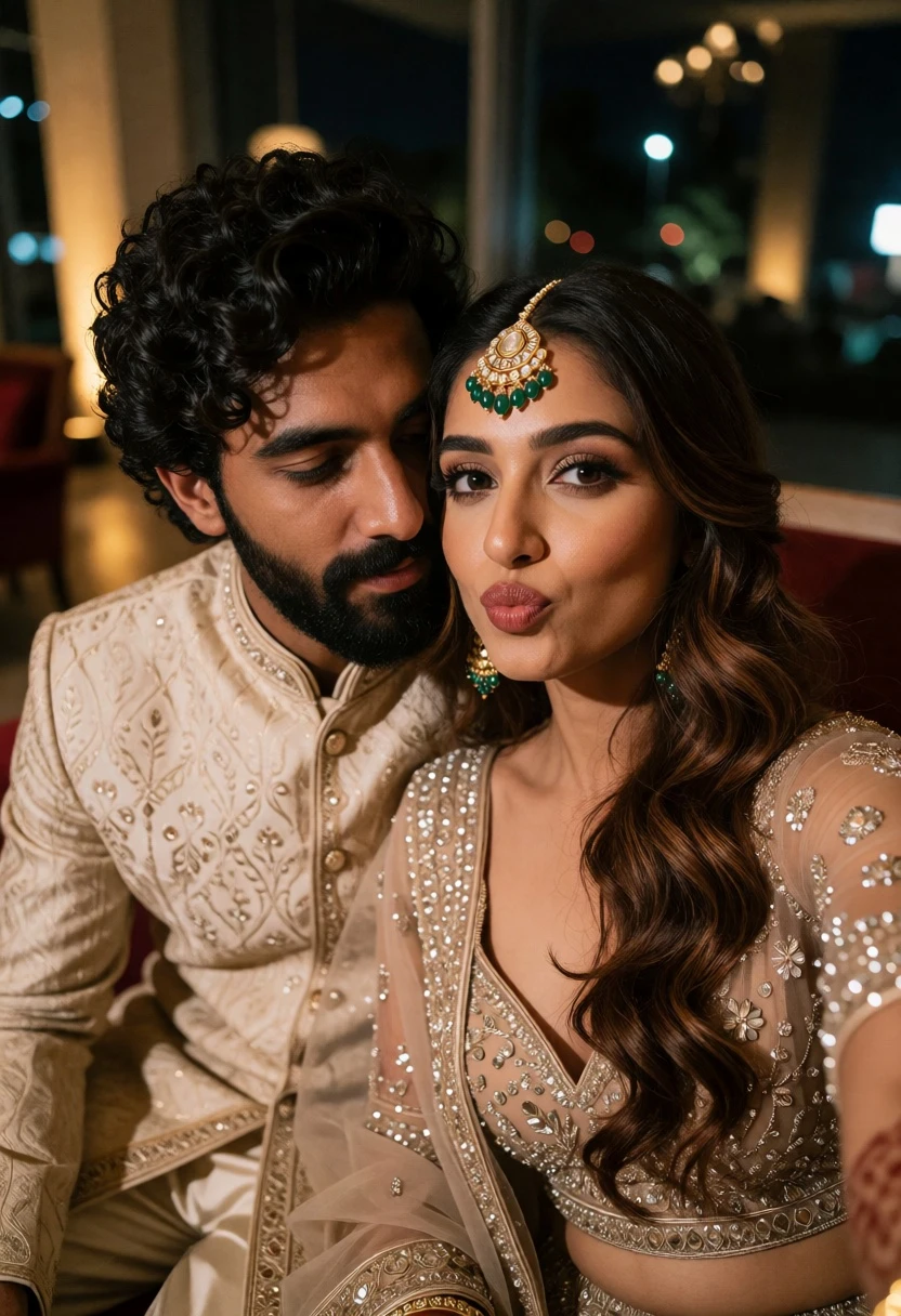 Close up selfie of couple in traditional indian wedding attire indoors - AI generated image prompt sample