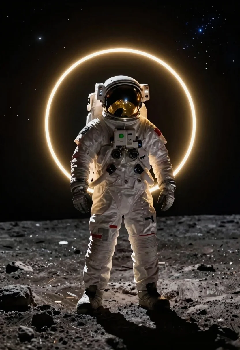 Astronaut standing on dark lunar surface at night