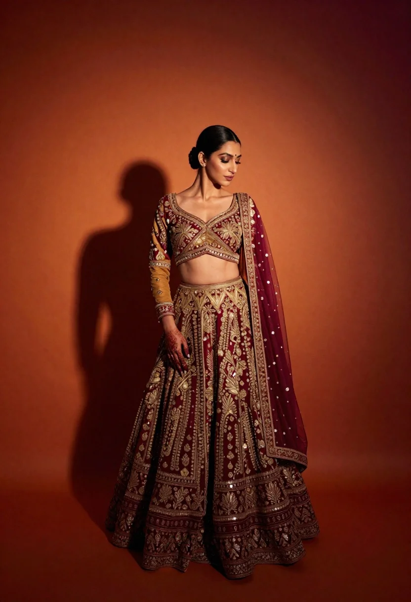 Full body portrait of woman in embroidered lehenga choli against gradient backdrop