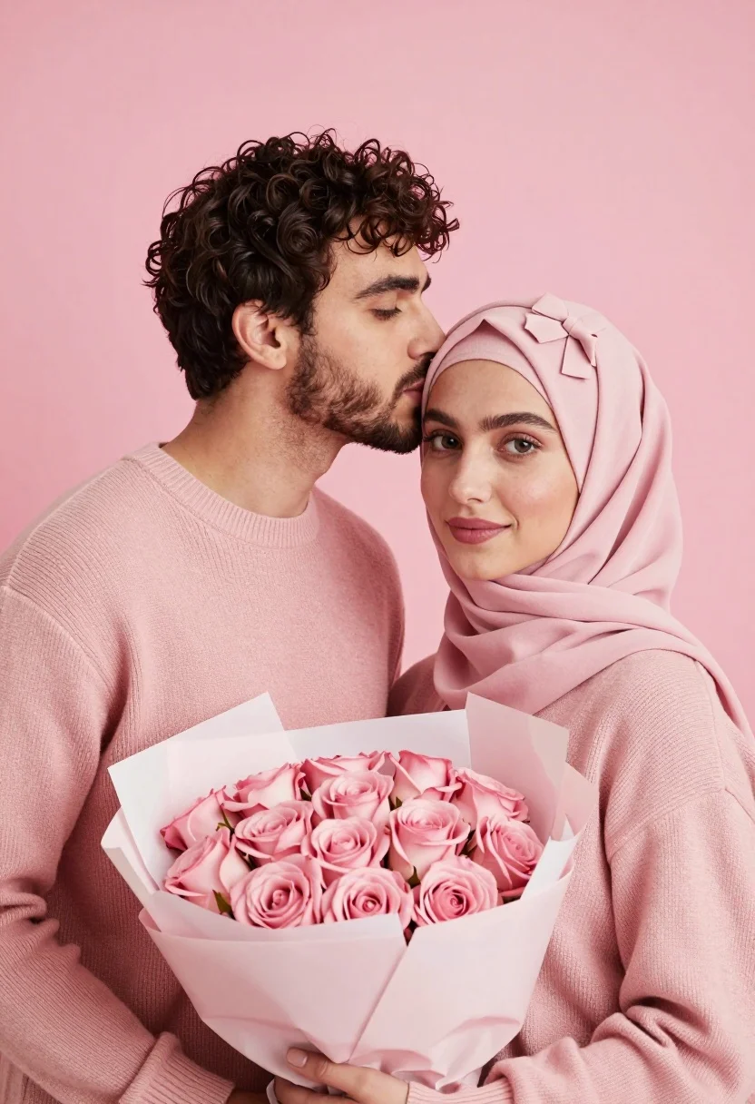 Romantic portrait of couple kissing against pastel pink studio backdrop - AI generated image prompt sample