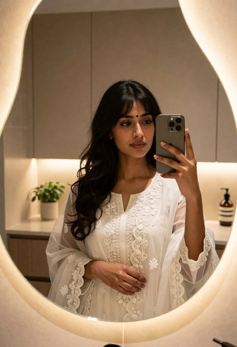 Woman taking mirror selfie in modern bathroom with illuminated organic mirror - AI generated image prompt sample