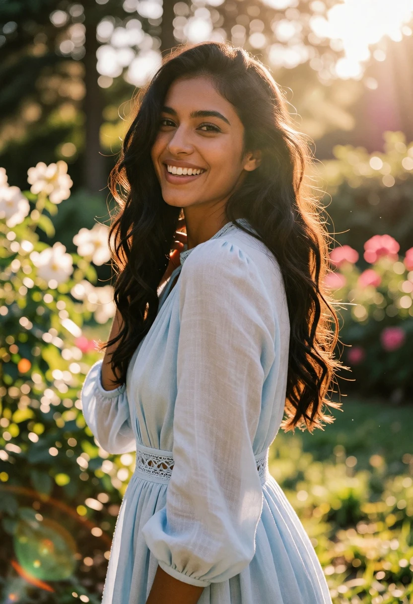 Smiling woman in light blue dress standing in sunlit garden with golden - AI generated image prompt sample