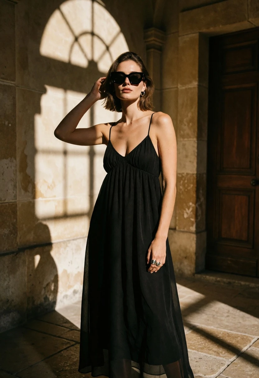 Woman in black dress standing in sunlit stone architectural corridor - AI generated image prompt sample