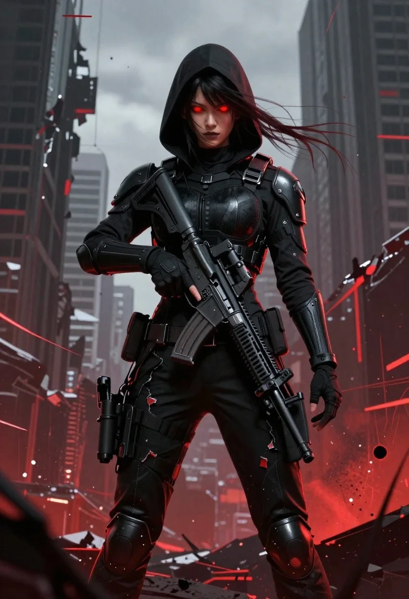 Female figure in tactical gear with assault rifle