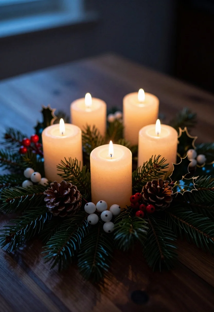 Close up of holiday centerpiece candles among evergreen greenery and berries - AI generated image prompt sample