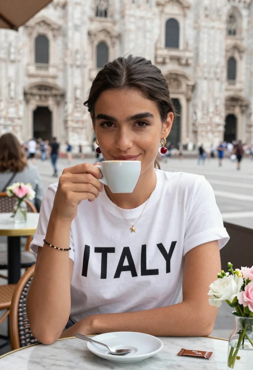 Young woman drinking espresso at outdoor cafe in european city square - AI generated image prompt sample