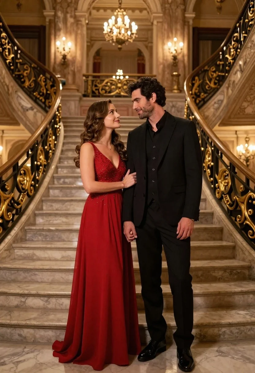 Couple in formal evening wear standing in an opulent ballroom - AI generated image prompt sample