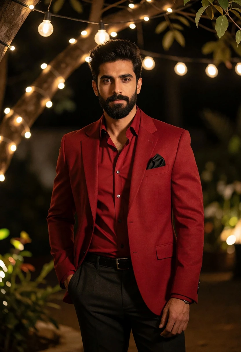 Man in tailored red blazer standing outdoors at night with string lights - AI generated image prompt sample