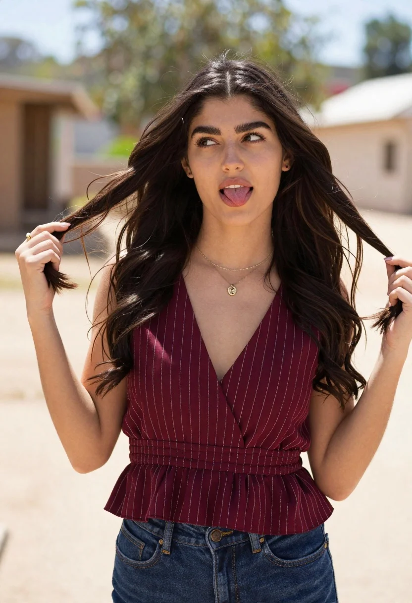 Young woman playfully sticking tongue out holding dark hair outdoors in daylight