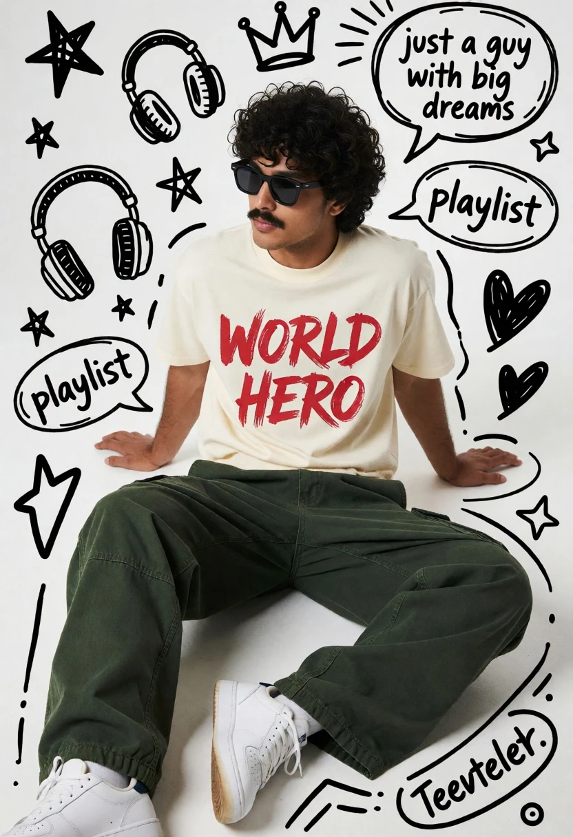 Young man with curly hair sitting on white floor surrounded by doodles - AI generated image prompt sample