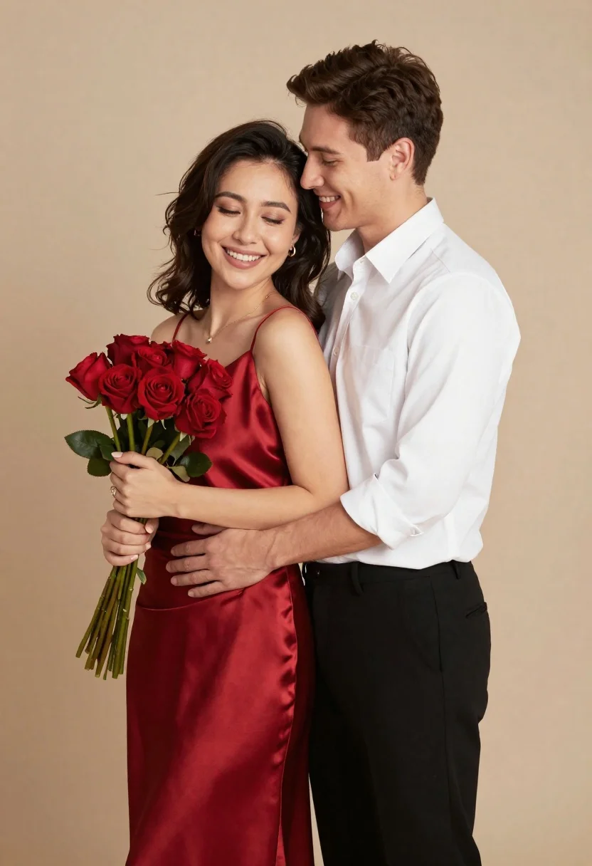 Smiling couple embracing in studio holding red roses medium shot - AI generated image prompt sample