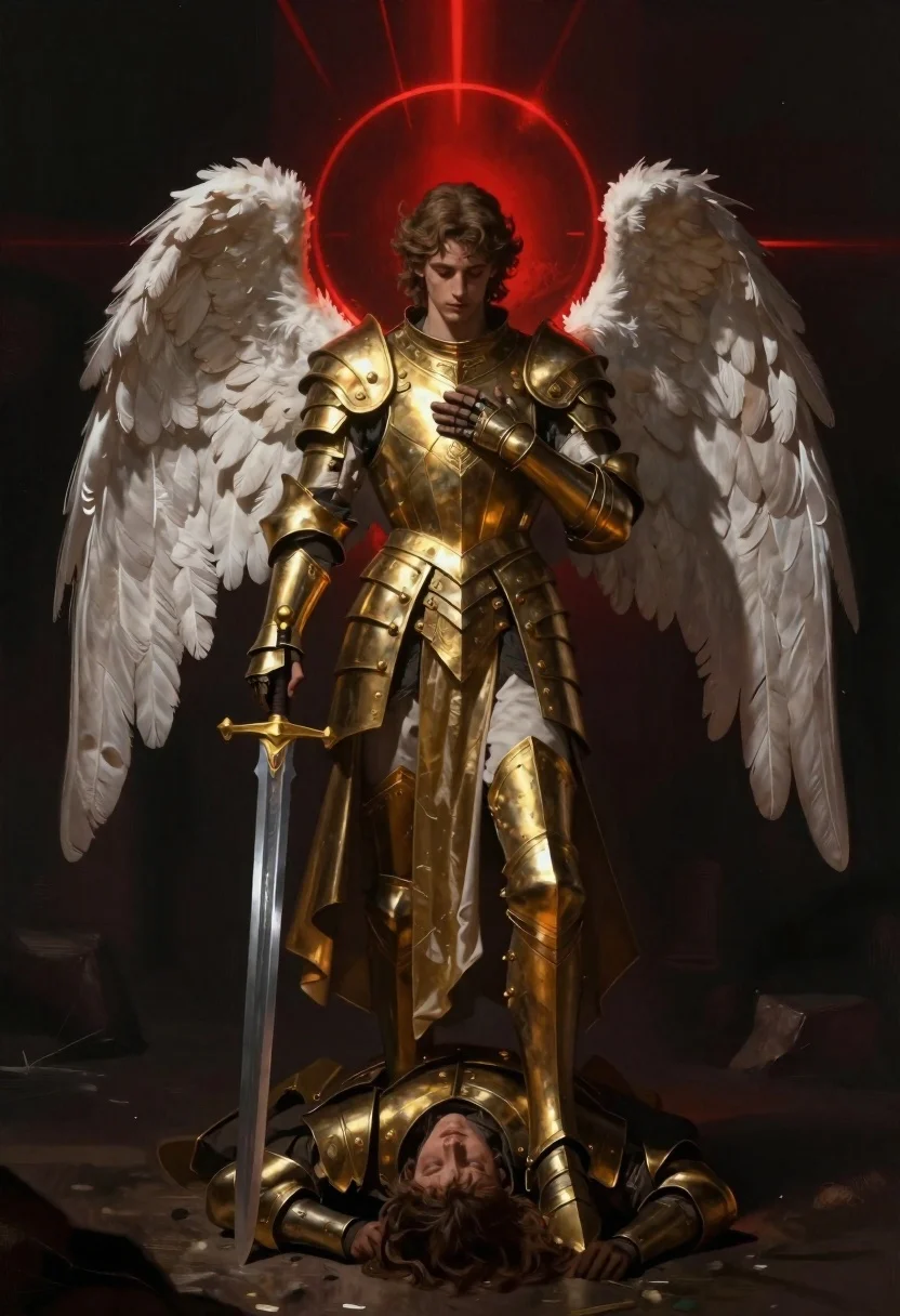 Armored angel with white wings holding a sword