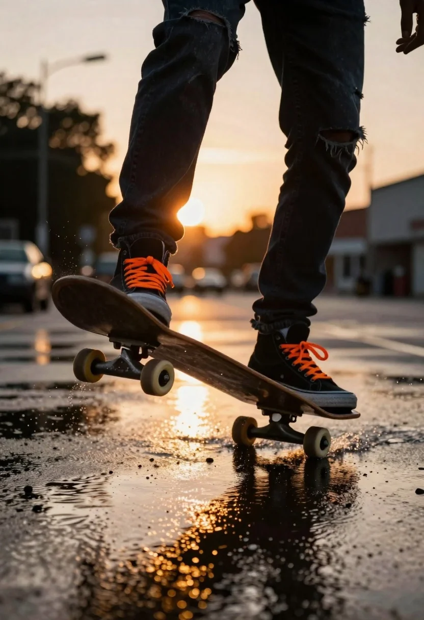 Skateboard action over wet pavement at sunset