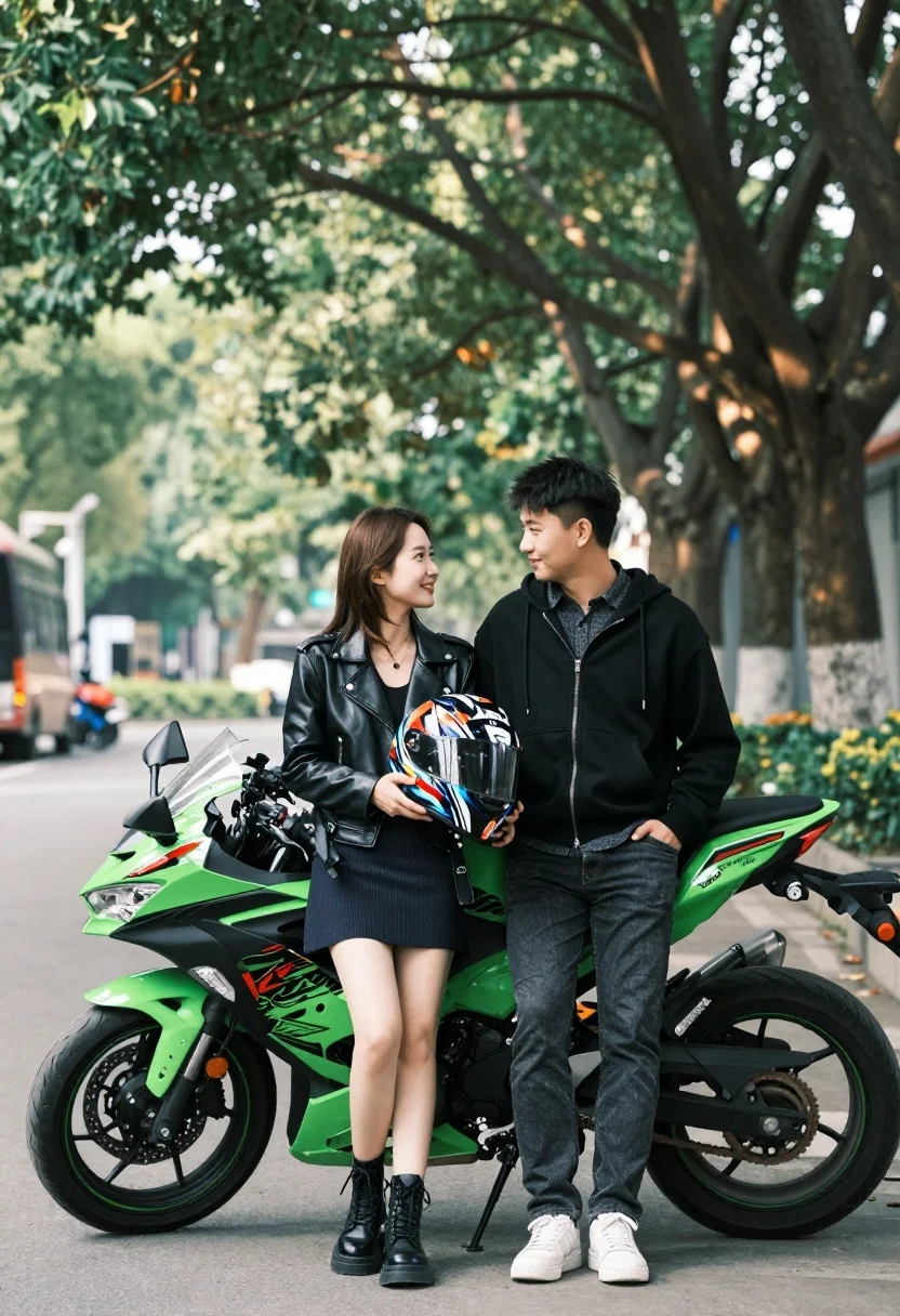 Young couple posing affectionately by bright green sport motorcycle under large trees - AI generated image prompt sample