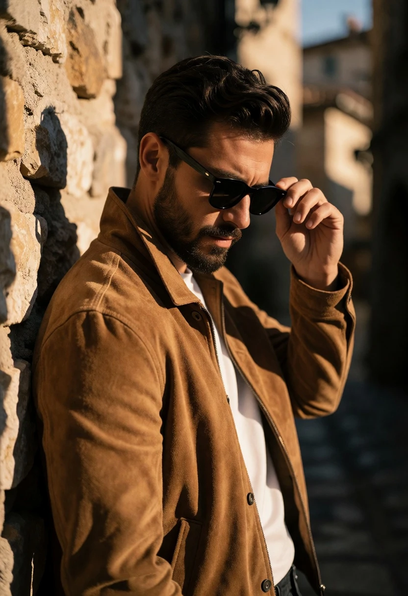 Handsome man in tan jacket leaning against stone wall in sunlit alleyway - AI generated image prompt sample