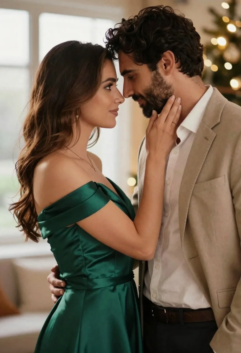 Romantic couple in elegant attire sharing an intimate moment indoors - AI generated image prompt sample