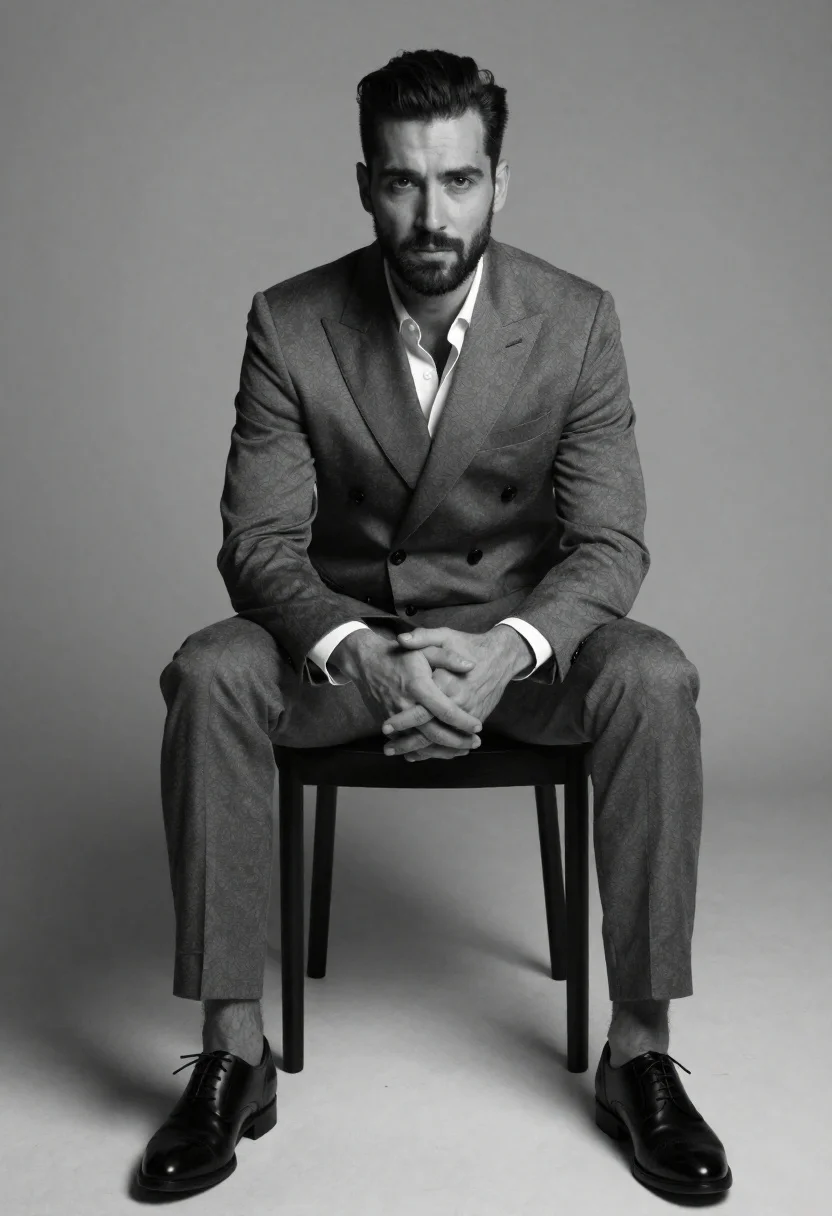 Black and white studio portrait of a man sitting