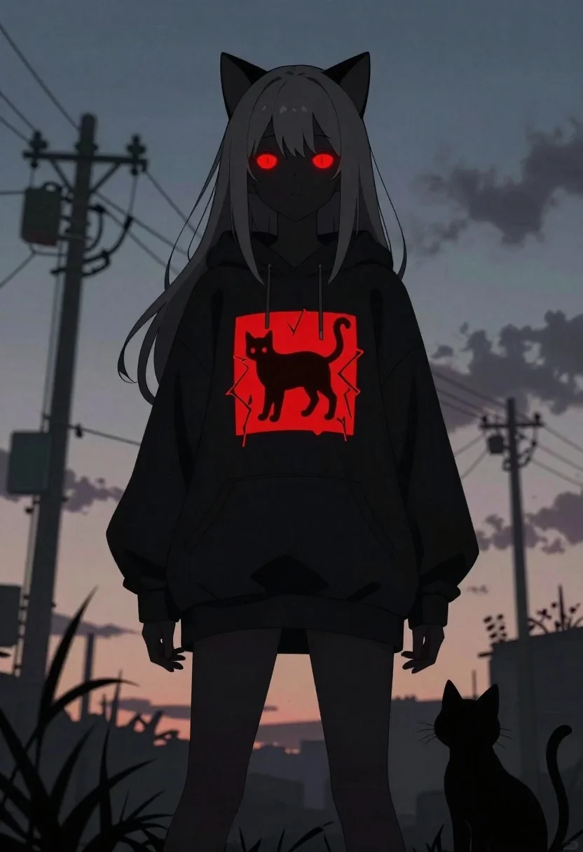 Anime girl with grey hair standing by power lines
