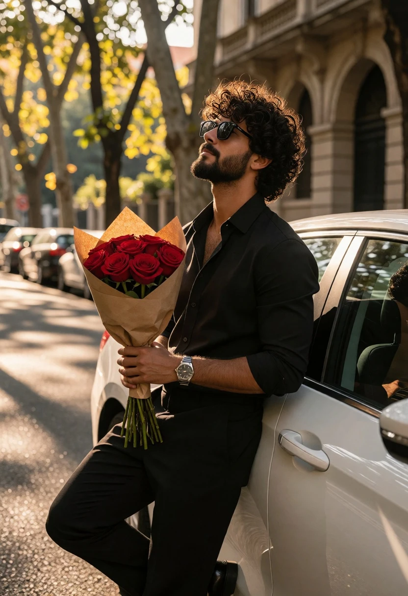 Man leaning against white car holding red roses on sundappled city street - AI generated image prompt sample