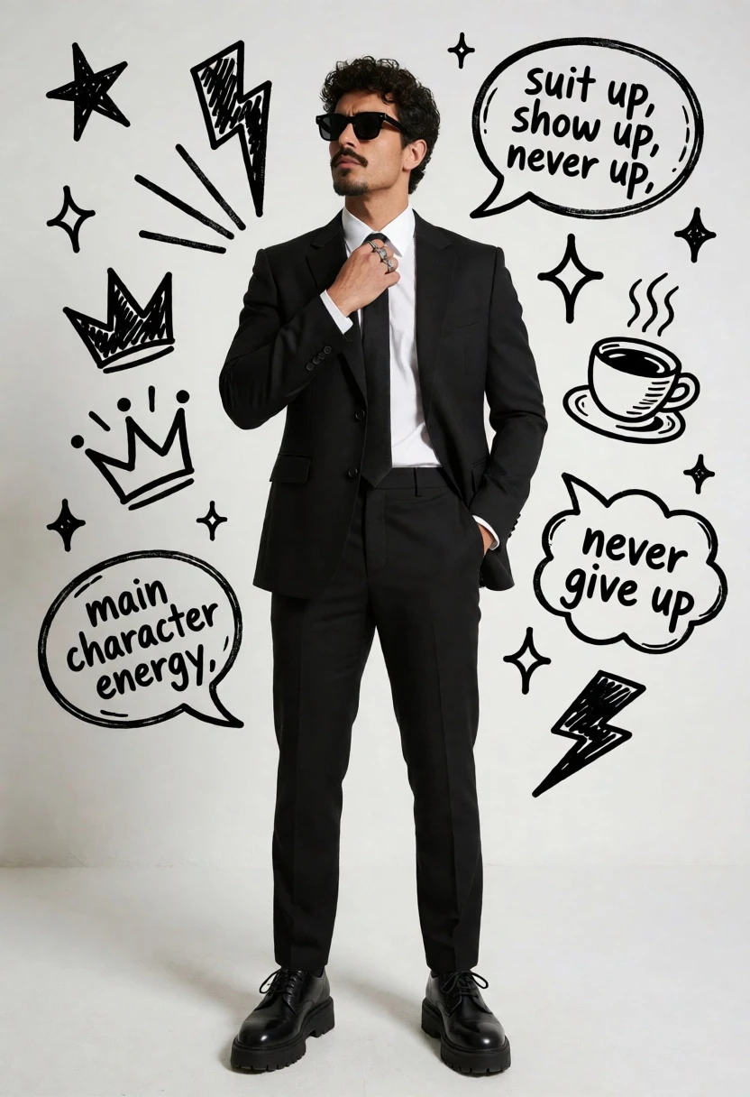 Man in black suit adjusting tie against doodle covered white studio wall - AI generated image prompt sample