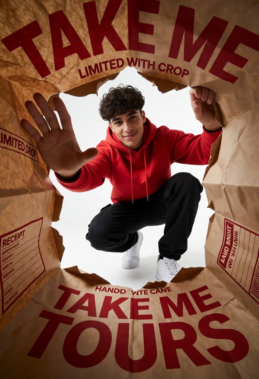 Young man in red sweatshirt peering through torn paper shopping bag opening - AI generated image prompt sample