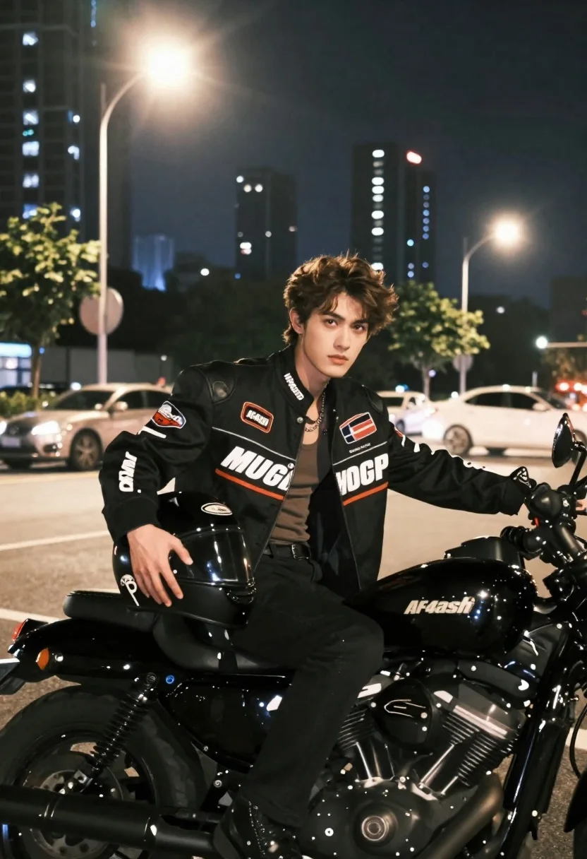 Young man on black motorcycle on city street at night - AI generated image prompt sample