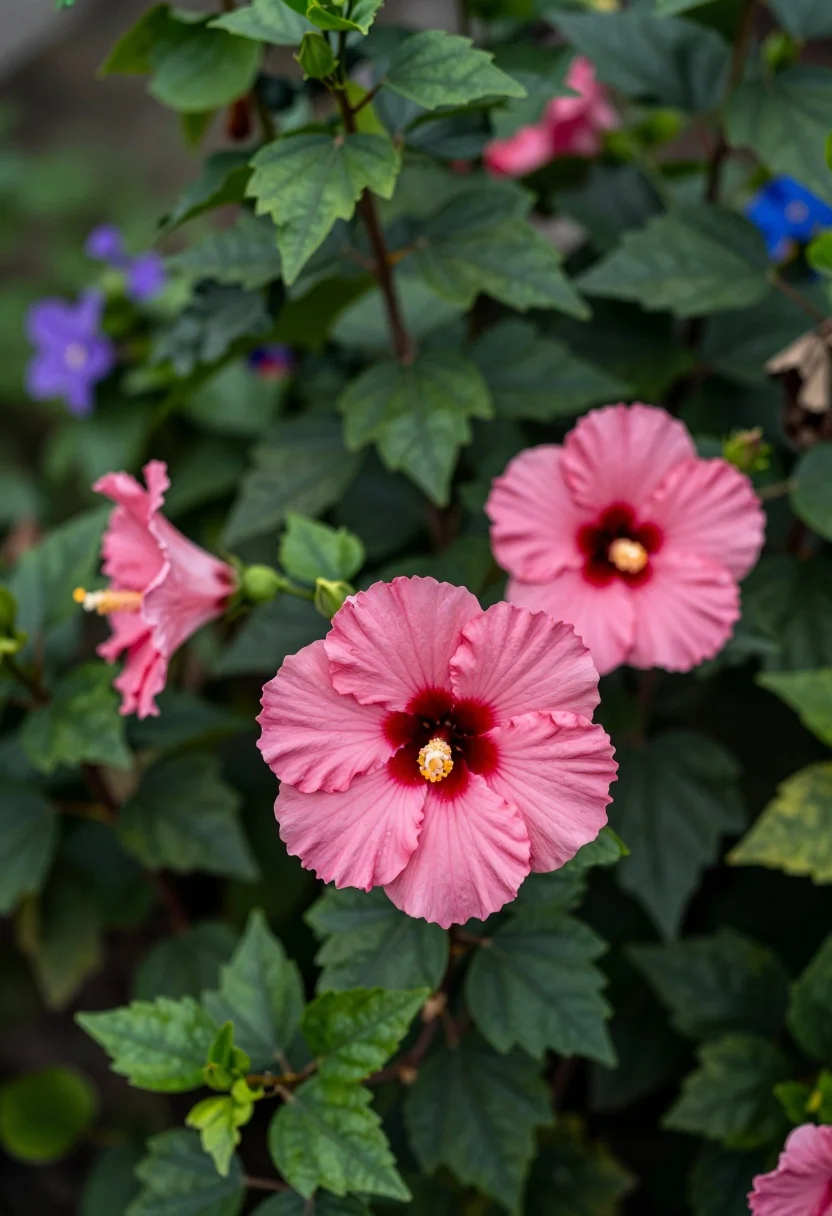 Close up view of vibrant pink hibiscus flowers amidst lush green foliage - AI generated image prompt sample