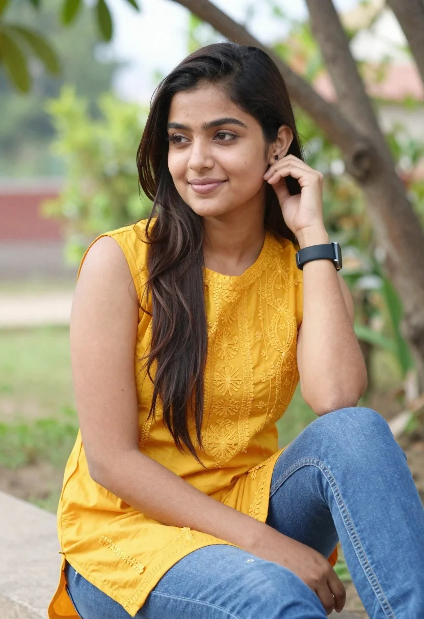 Young woman with dark hair sitting outdoors in yellow embroidered top