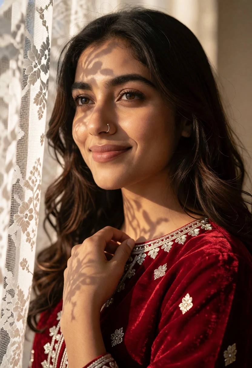 Close up portrait of woman in red velvet near sheer white lace - AI generated image prompt sample