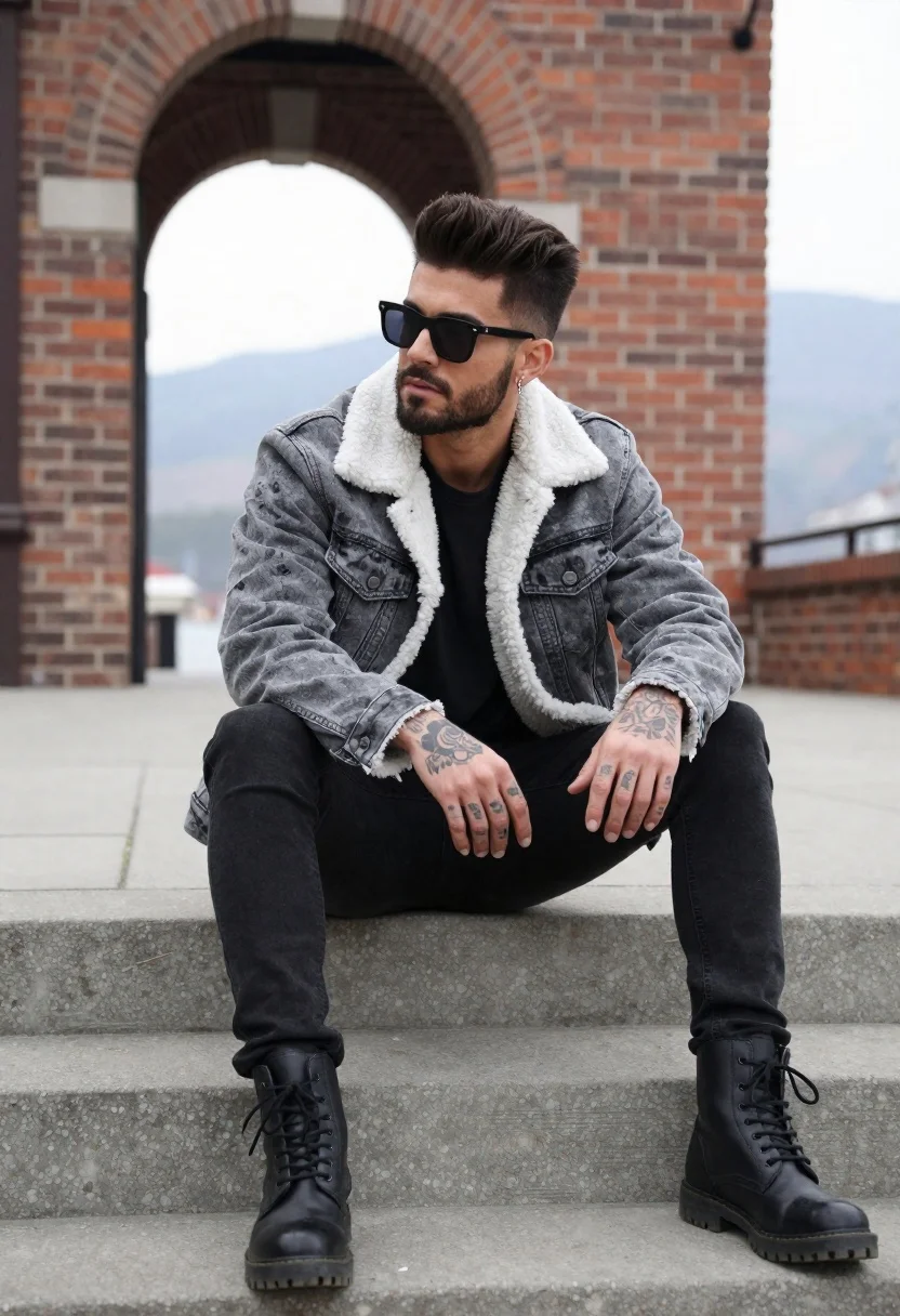 Young man sitting on concrete steps in urban setting