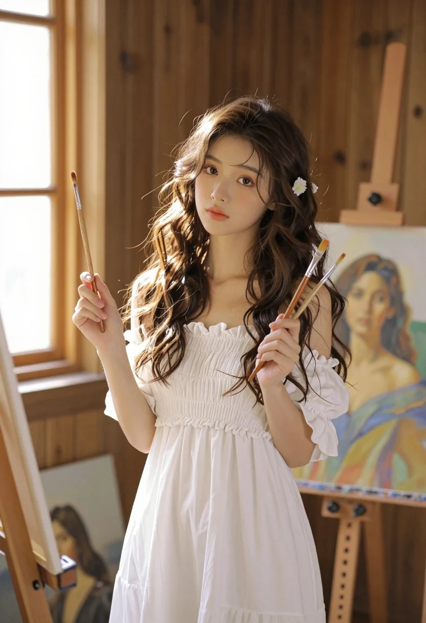 Young woman with brown hair in white dress holding brushes in sunlit - AI generated image prompt sample