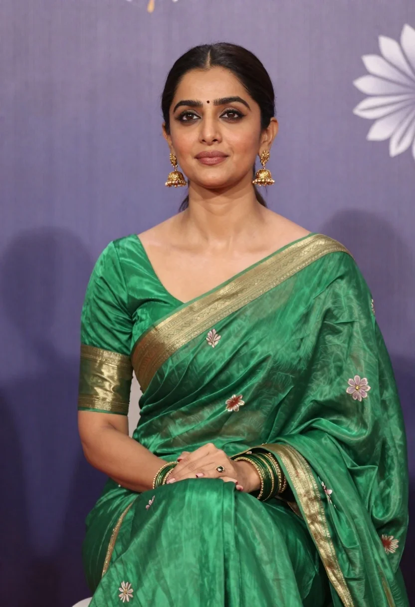 Poised woman in emerald green saree seated against purple floral wall