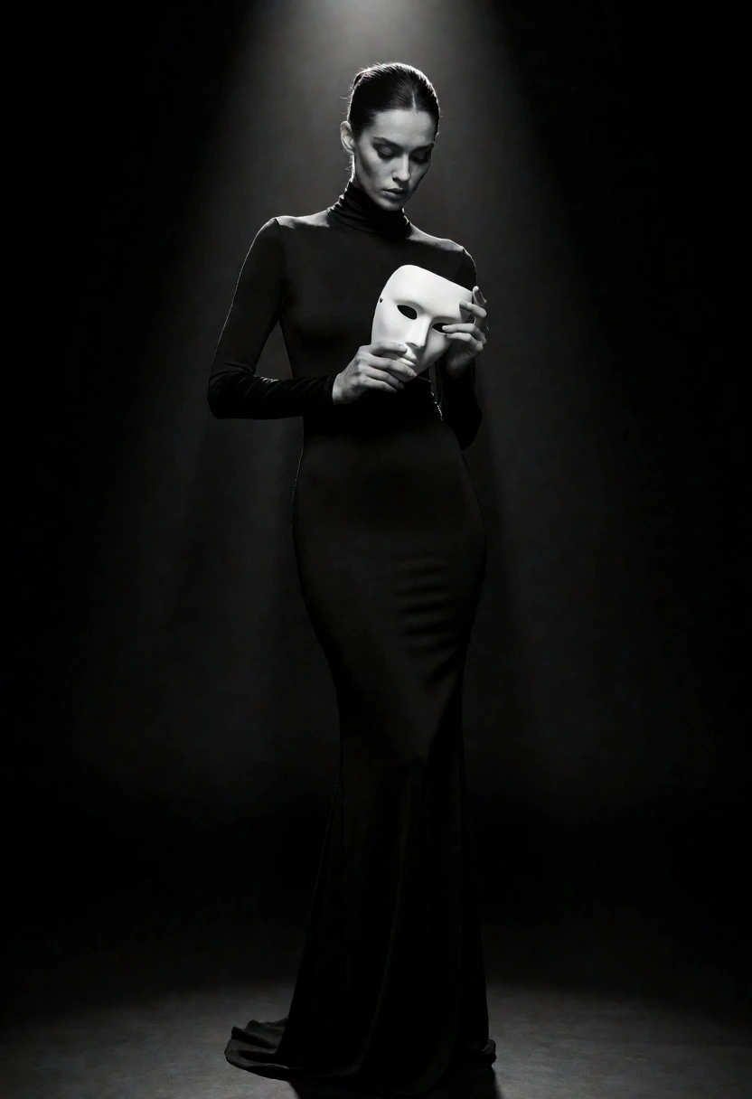 Full body portrait of woman holding white mask in dark void spotlight - AI generated image prompt sample