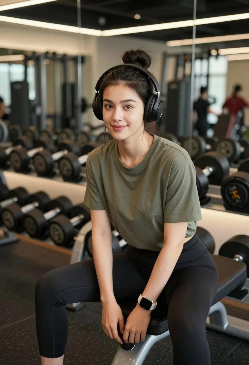 Young woman in olive shirt sitting among dumbbells in modern gym setting - AI generated image prompt sample