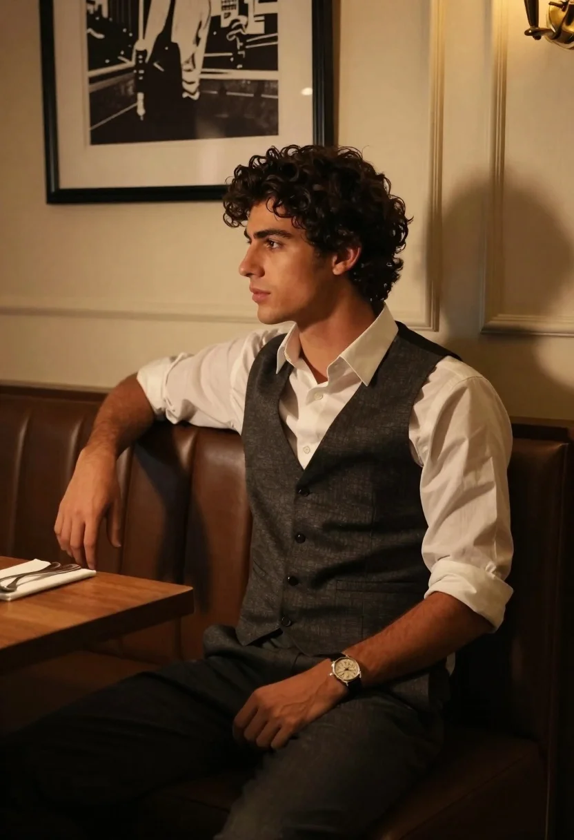 Young man in waistcoat seated at restaurant booth with dramatic lighting - AI generated image prompt sample
