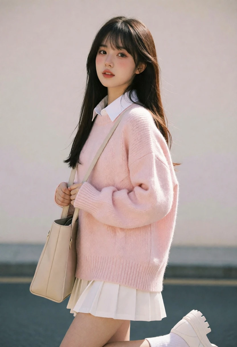 Young woman in pastel pink sweater standing against light neutral background - AI generated image prompt sample