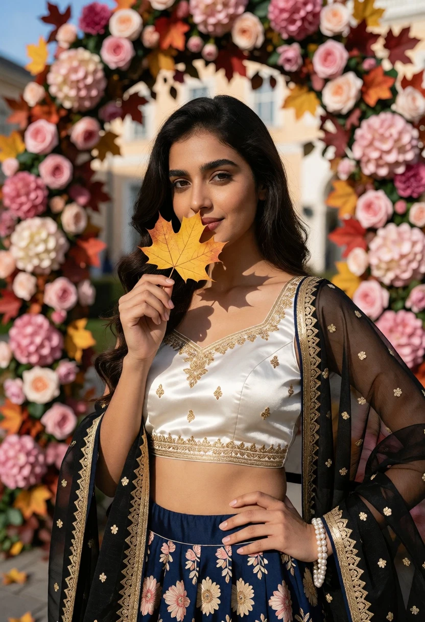Woman in traditional attire by pink rose archway holding golden maple leaf - AI generated image prompt sample