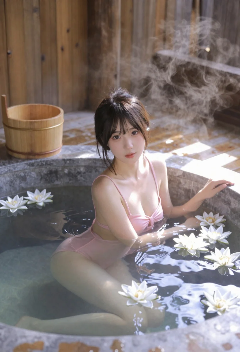 Young woman in hot spring tub with white lilies