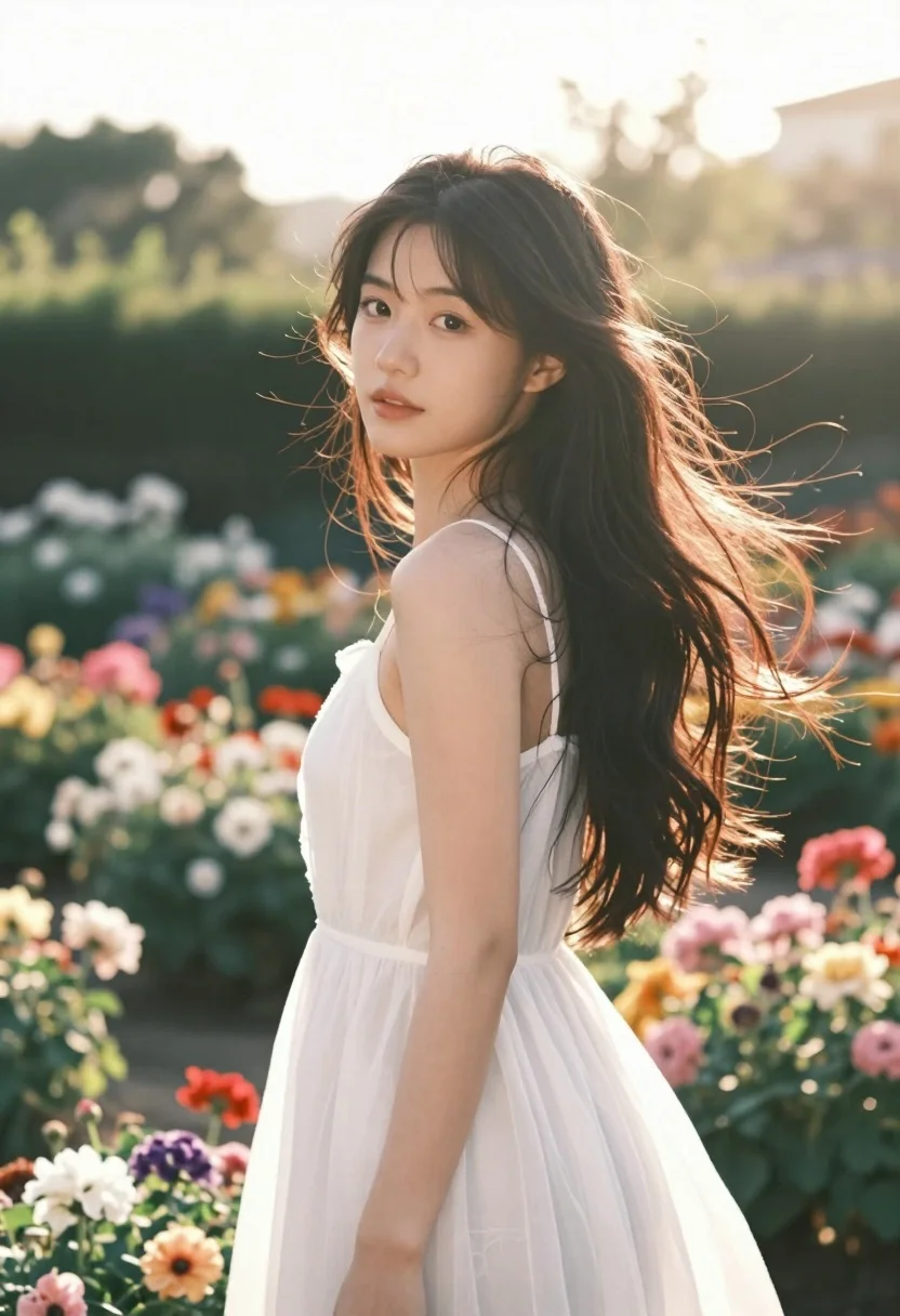 Young woman in white dress looking over shoulder in sunlit flower garden - AI generated image prompt sample