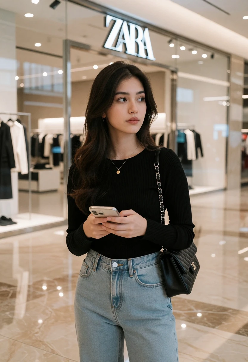 Young woman in denim jeans and black top inside modern shopping mall - AI generated image prompt sample