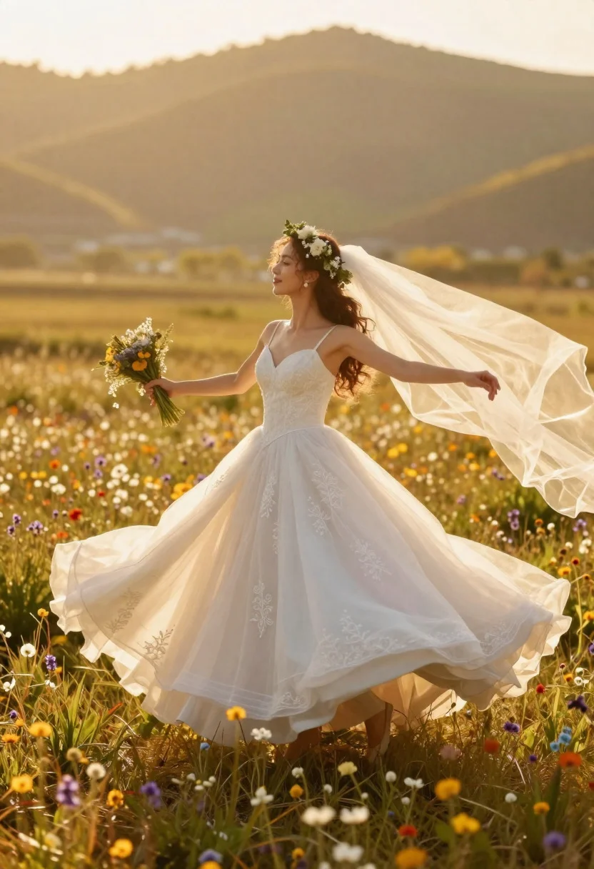 Ethereal bride twirling in a wildflower meadow at golden hour