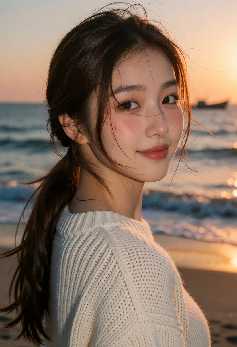 Young woman in cream sweater looking over shoulder at sunset beach - AI generated image prompt sample