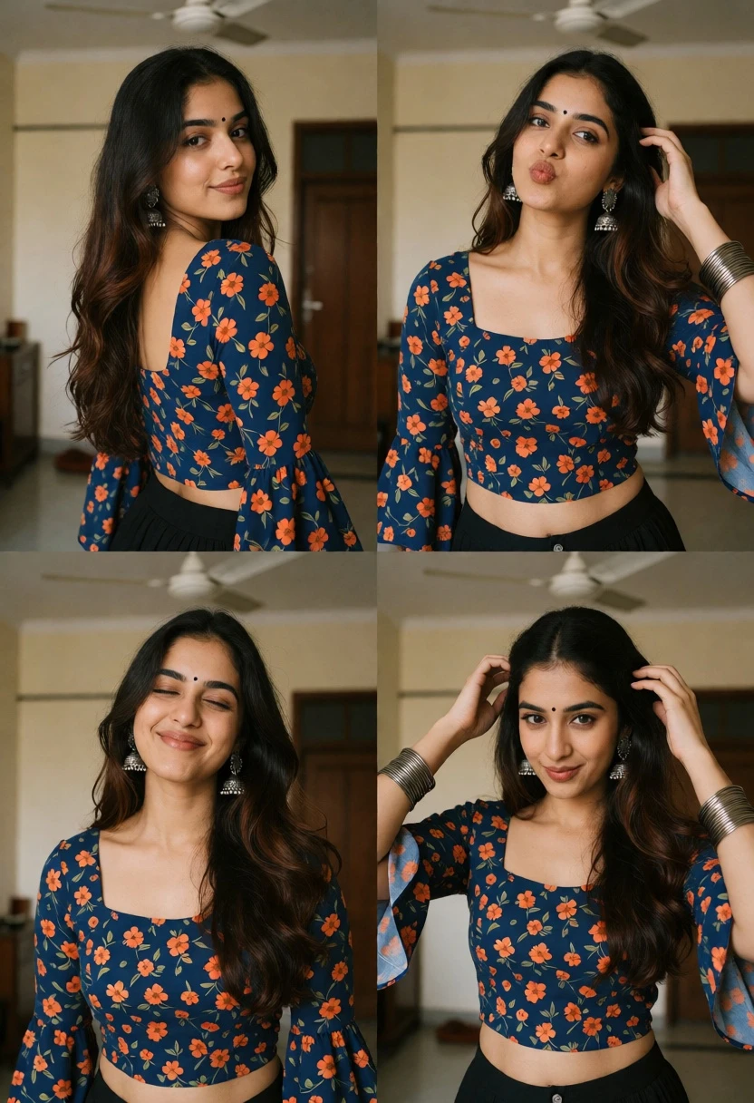 Collage of four candid portraits featuring woman in blue floral top - AI generated image prompt sample