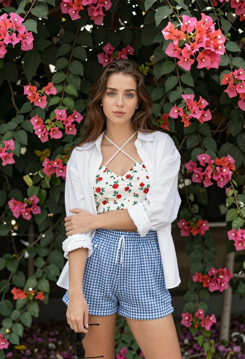 Young woman in white top and gingham shorts against pink bougainvillea flowers - AI generated image prompt sample